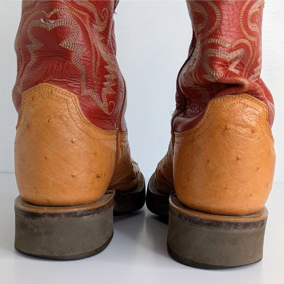 Lucchese Ostrich Goat Skin Boots 7 Red Tan Western Cowgirl Aesthetic Vintage - Picture 6 of 16